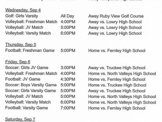 Sports Schedules - Week of Sept 3rd