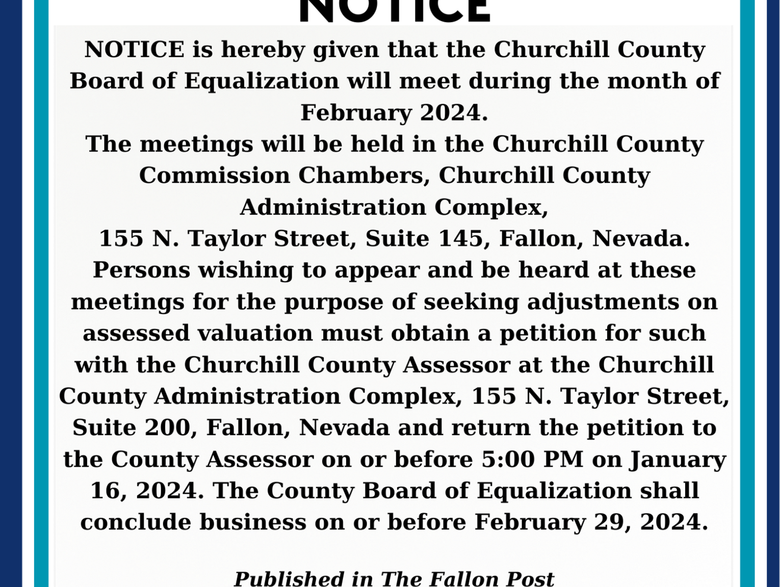 Churchill County Board of Equalization Notice