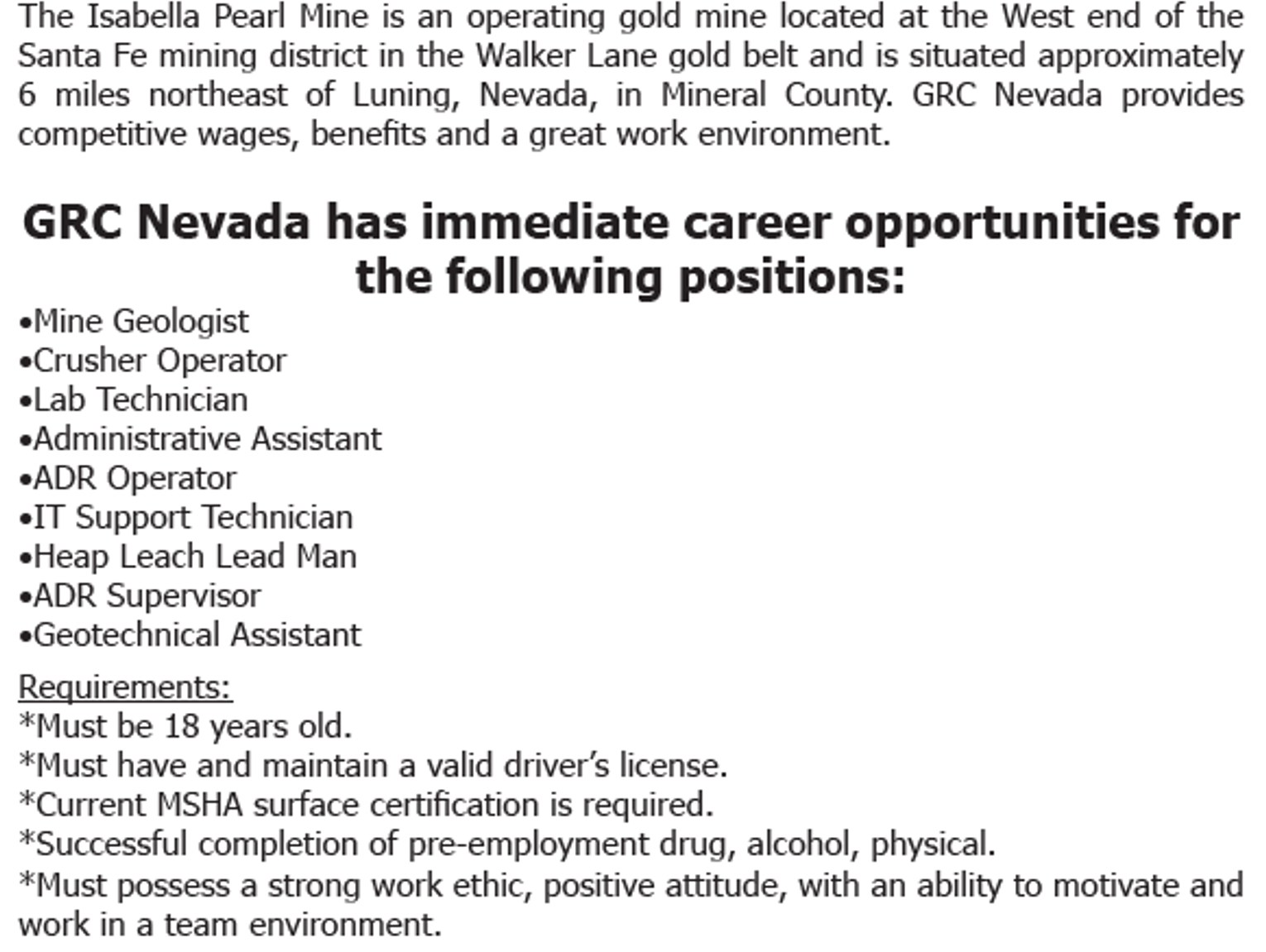 Jobs GRC Nevada Incorporated