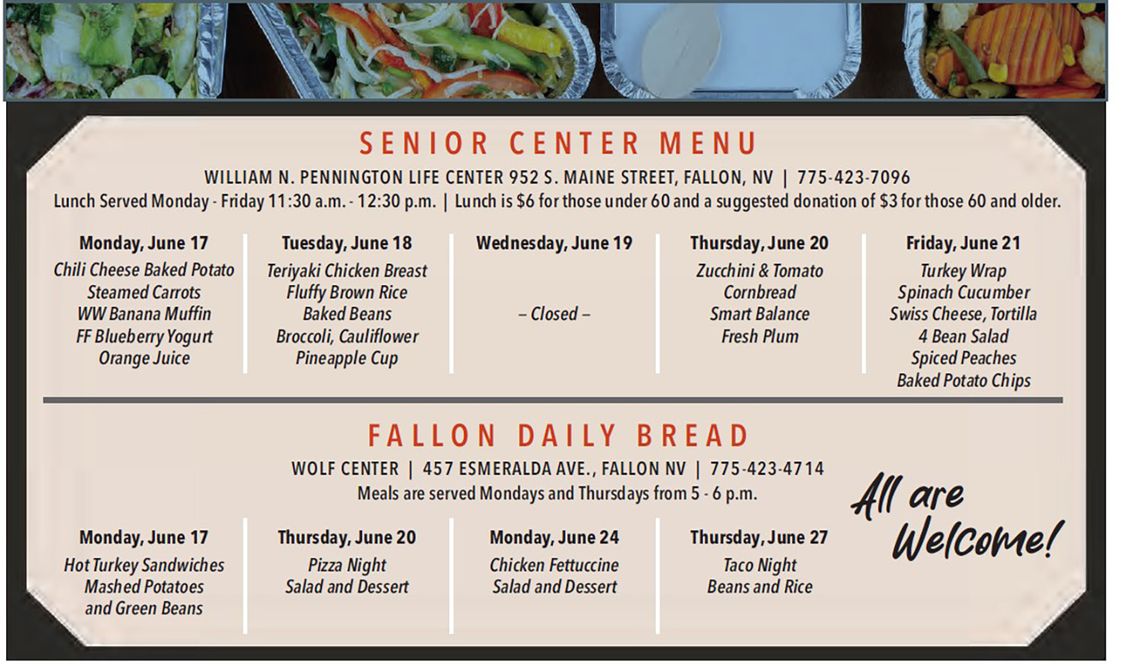 June 17-21 Community Menus  - Senior Center and Fallon Daily Bread