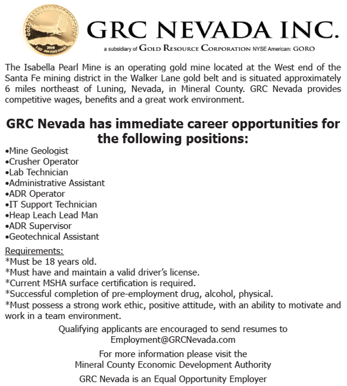 Jobs -- GRC Nevada Incorporated