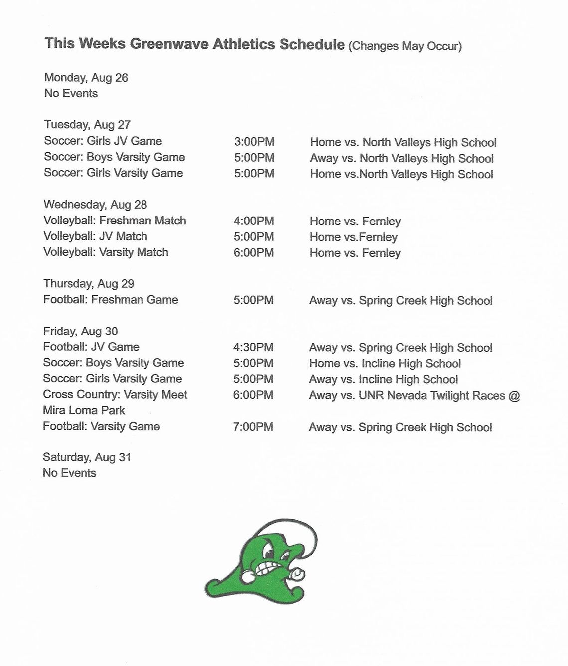 Local High School Sport Schedules Week of August 26th