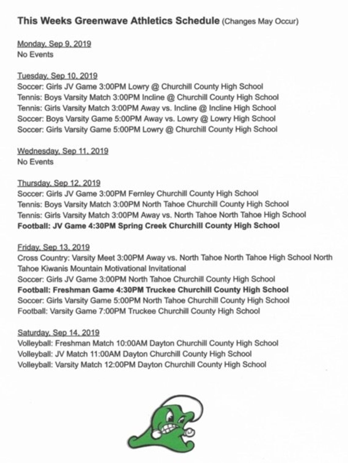 Local High Schools Sports Schedules