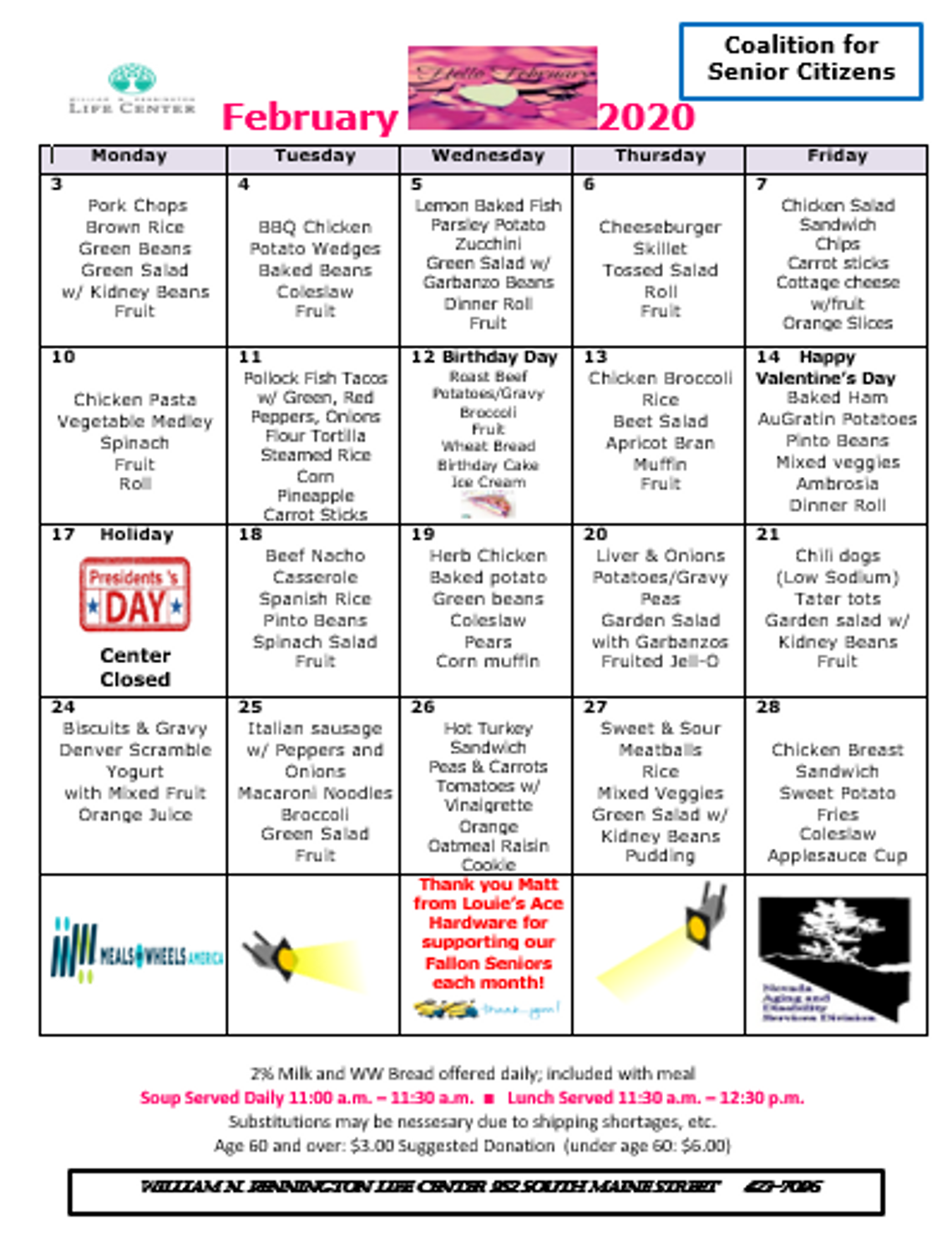 Senior Center events &amp; menu