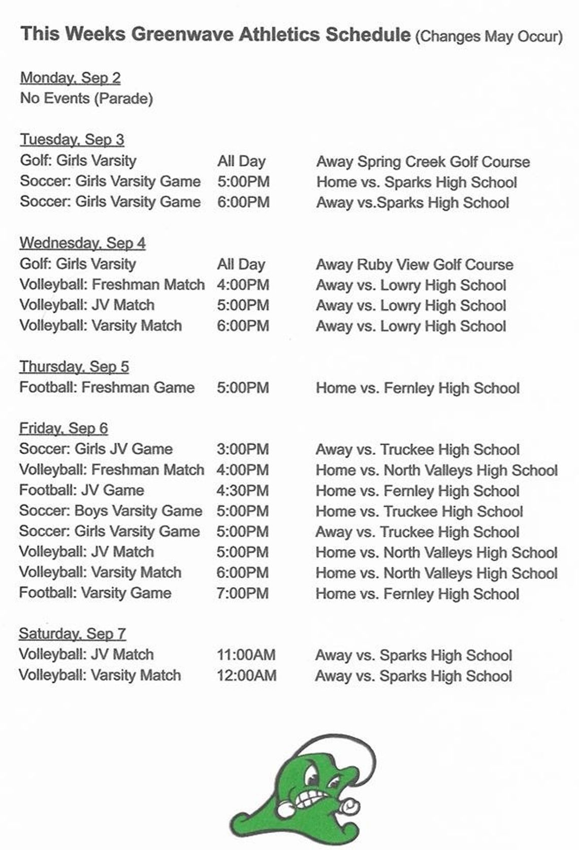 Sports Schedules - Week of Sept 3rd