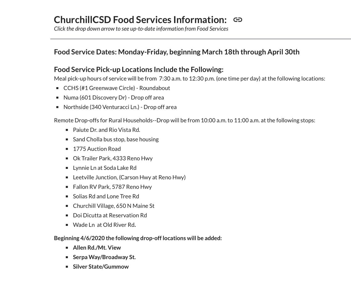 Updates to Churchill School District Meal Stops