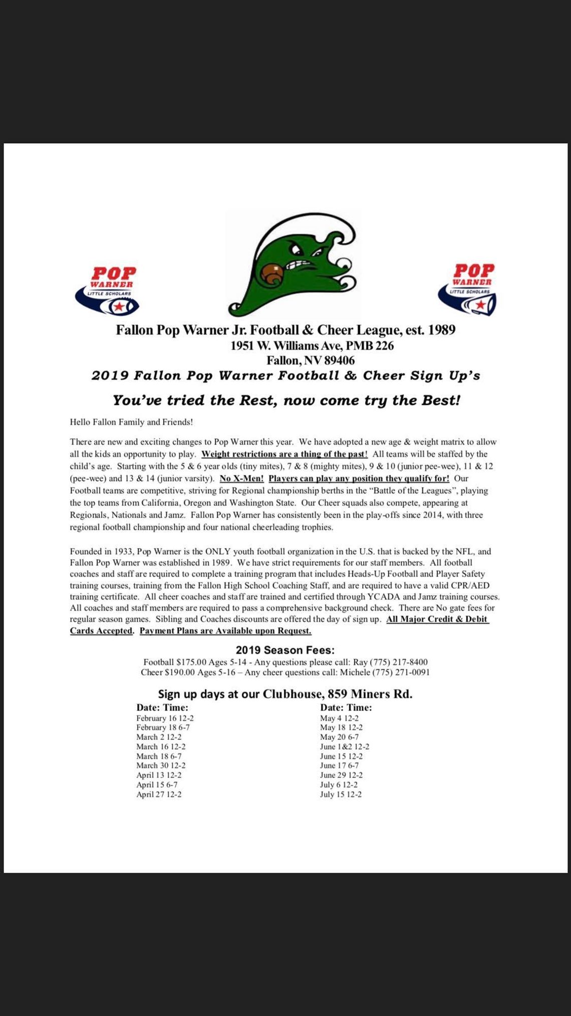 Fallon Pop Warner Football and Cheer Signups