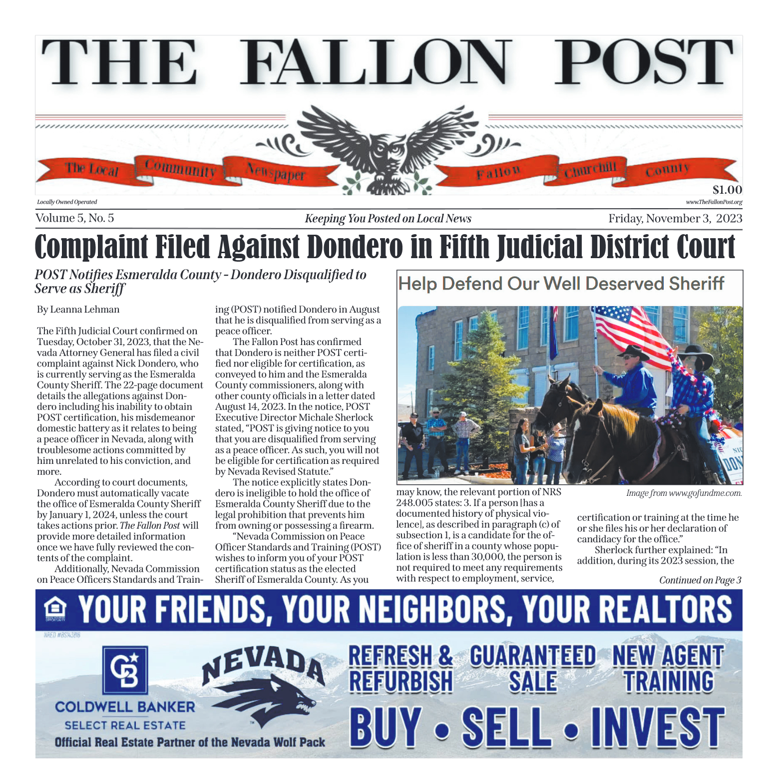 The Fallon Post Print Edition, November 3, 2023 - page 1